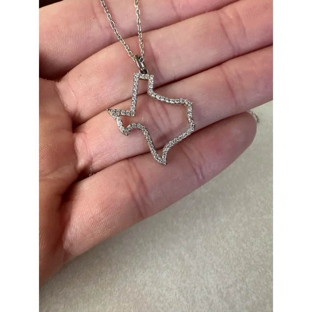 Stamped 925 sterling silver cubic zirconia CZ state of Texas outline necklace - Picture 2 of 8